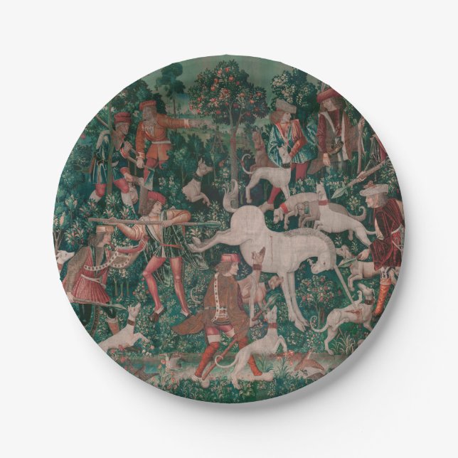 Unicorn Hunt Medieval Art - Unicorn Defends Himsel Paper Plates (Front)