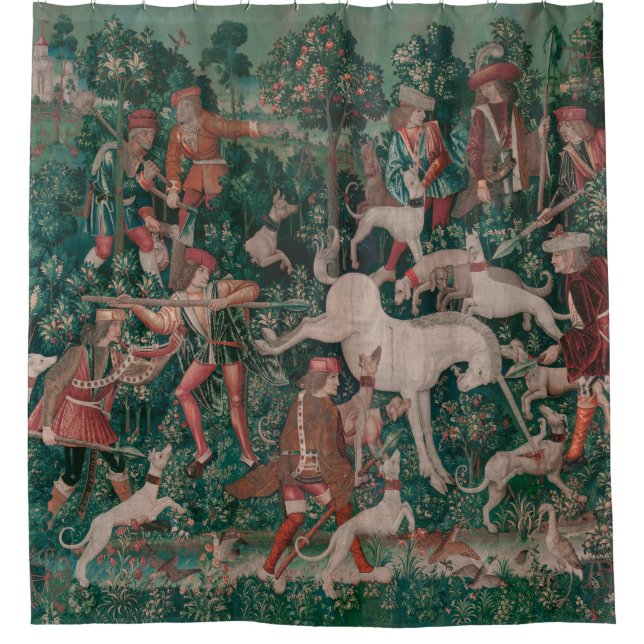 Unicorn Hunt Medieval Art - Unicorn Defends Himsel Shower Curtain (Front)