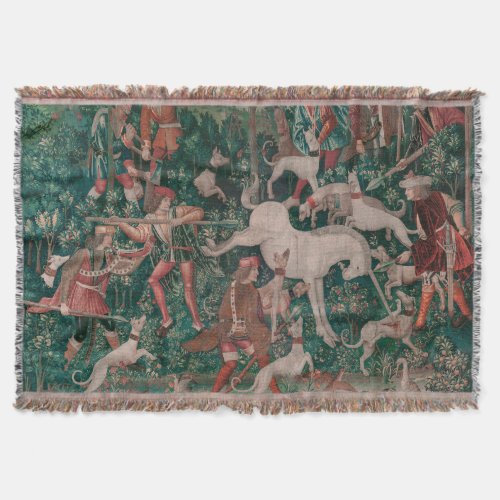 Unicorn Hunt Medieval Art Unicorn Defends Himself Throw Blanket