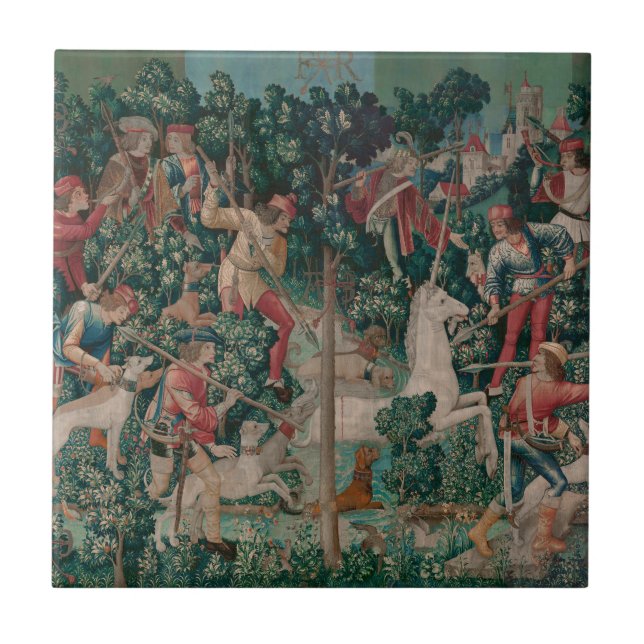 Unicorn Hunt Medieval Art - Unicorn Is Attacked Ceramic Tile (Front)