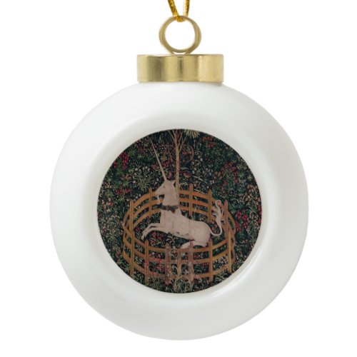 Unicorn Hunt Medieval Art - Unicorn Rests in Garde Ceramic Ball Christmas Ornament