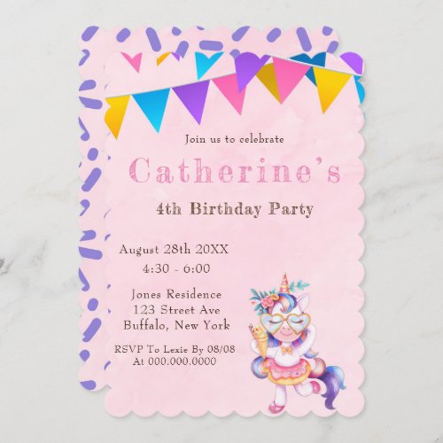 Unicorn Ice Cream Cone Birthday Party Invitations 