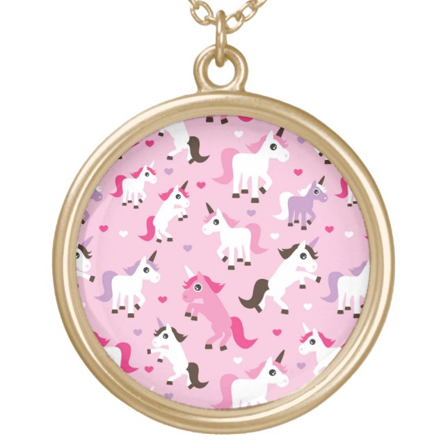 unicorn illustration kids background gold plated necklace (Front)