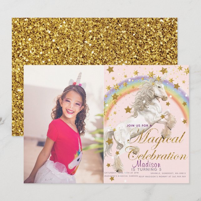 Unicorn Illustration Party Magical Birthday Photo Invitation (Front/Back)