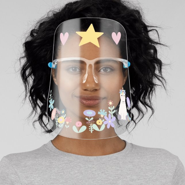 Unicorn in a Garden Hearts Star Reusable Washable Face Shield (Insitu)