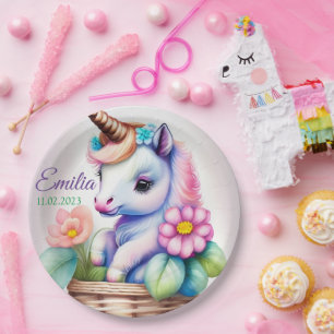 Unicorn in Basket - Watercolor Kids Motif Paper Plates