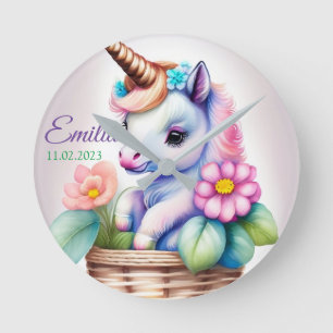 Unicorn in Basket - Watercolor Kids Motif Round Clock