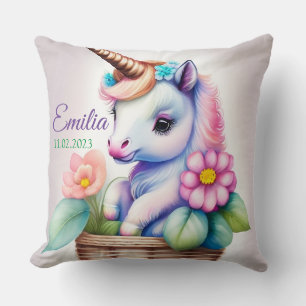 Unicorn in Basket - Watercolor Kids Motif Throw Pillow