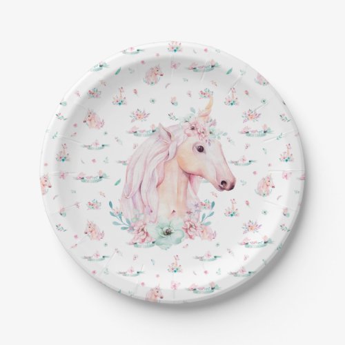 Unicorn In Flowers Water Color Design Paper Plates