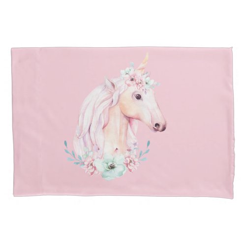 Unicorn In Flowers Whimsical Watercolor Pink Pillow Case