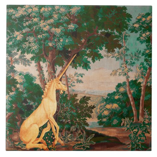 UNICORN IN GREEN WOODLAND LANDSCAPETREESGREENERY CERAMIC TILE