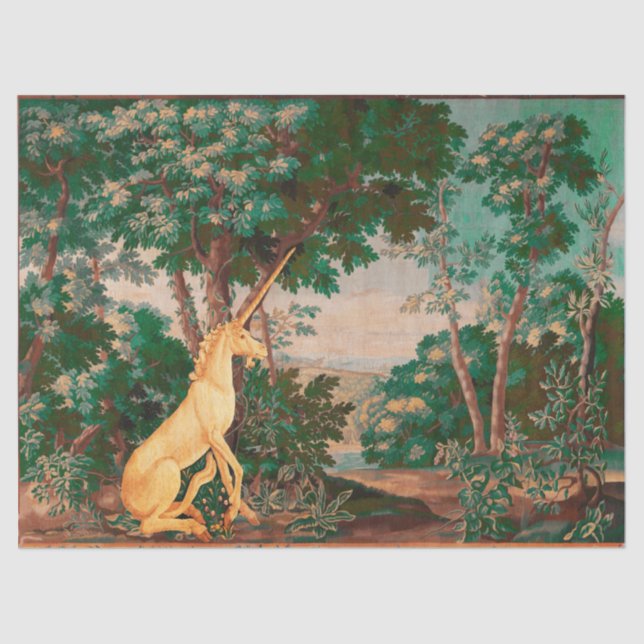 UNICORN IN GREEN WOODLAND LANDSCAPE,TREES,GREENERY TISSUE PAPER (Front)