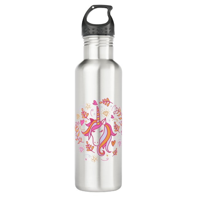 Unicorn in Pink and Orange Stainless Steel Water Bottle (Front)