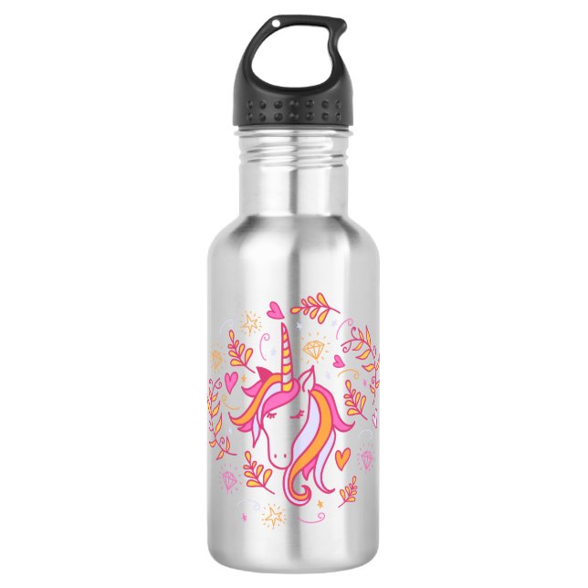 Unicorn in Pink and Orange Stainless Steel Water Bottle (Front)