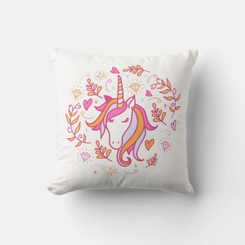 Unicorn in Pink and Orange T_Shirt Throw Pillow