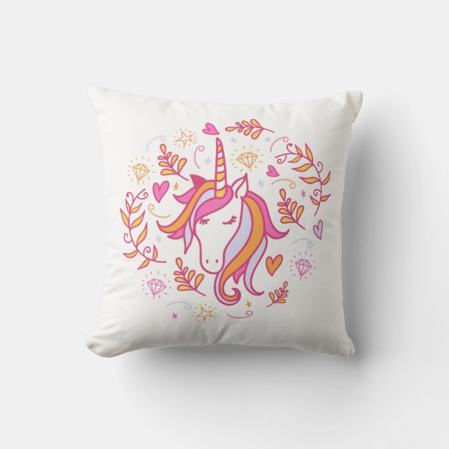 Unicorn in Pink and Orange T-Shirt Throw Pillow (Front)