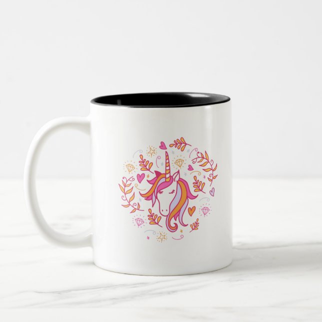 Unicorn in Pink and Orange Two-Tone Coffee Mug (Left)