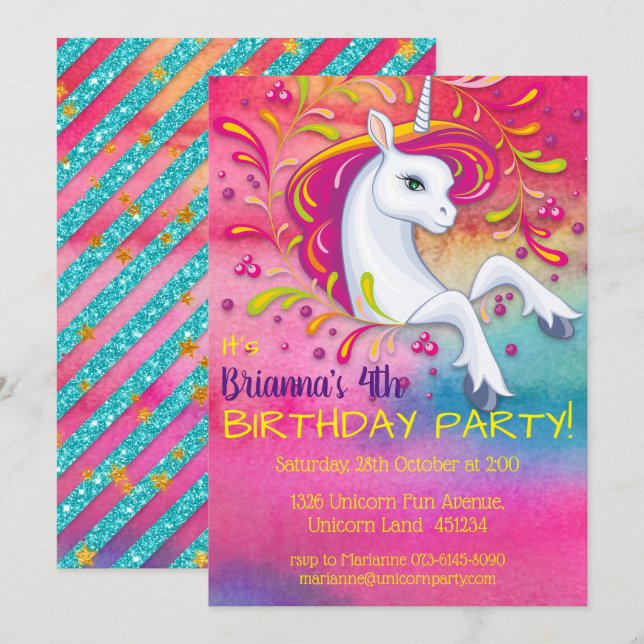 Unicorn in Rainbow Cloud Birthday Invitation (Front/Back)