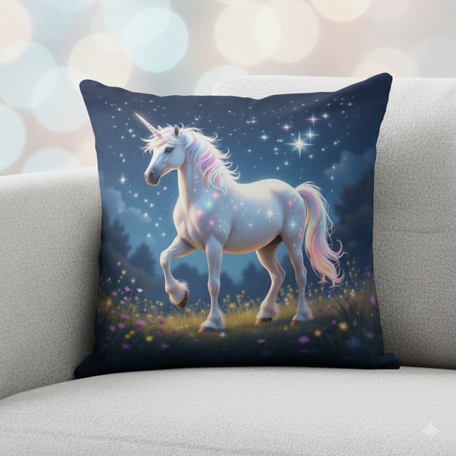 Unicorn in Starlit Wildflower Meadow at Night Throw Pillow (Unicorn in Starlit Wildflower Meadow at Night Throw Pillow Cover Photo)
