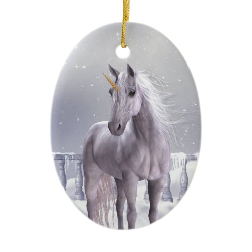 Unicorn in the Snow Ceramic Ornament