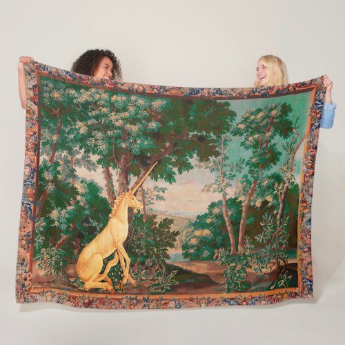 UNICORN IN WOODLAND LANDSCAPETREESGREEN PINK FLEECE BLANKET