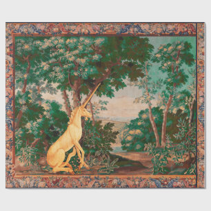 UNICORN IN WOODLAND LANDSCAPE,TREES,GREEN PINK WRAPPING PAPER