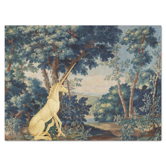 UNICORN IN WOODLAND LANDSCAPE,TREES,GREENERY TISSUE PAPER (Front)