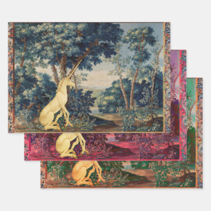 UNICORN IN WOODLAND LANDSCAPE,TREES,GREENERY WRAPPING PAPER SHEETS