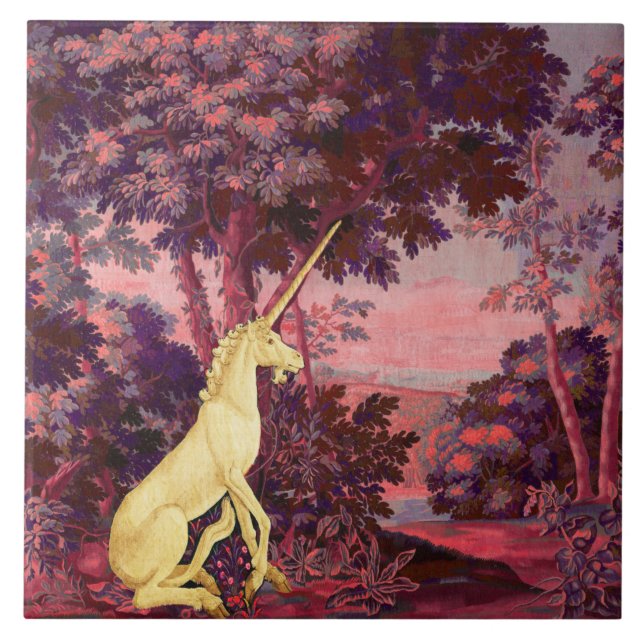 UNICORN IN WOODLAND LANDSCAPE,TREES,Pink Blue Ceramic Tile (Front)