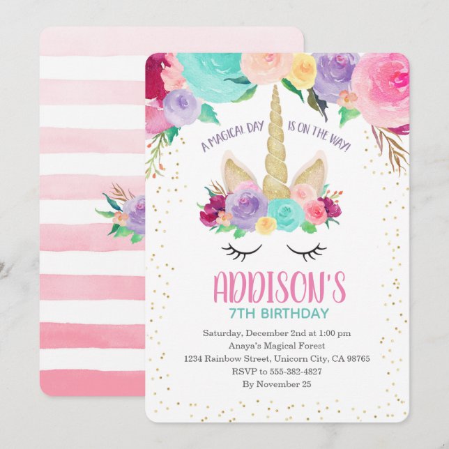 Unicorn Invitation 1st Birthday Baby Shower (Front/Back)
