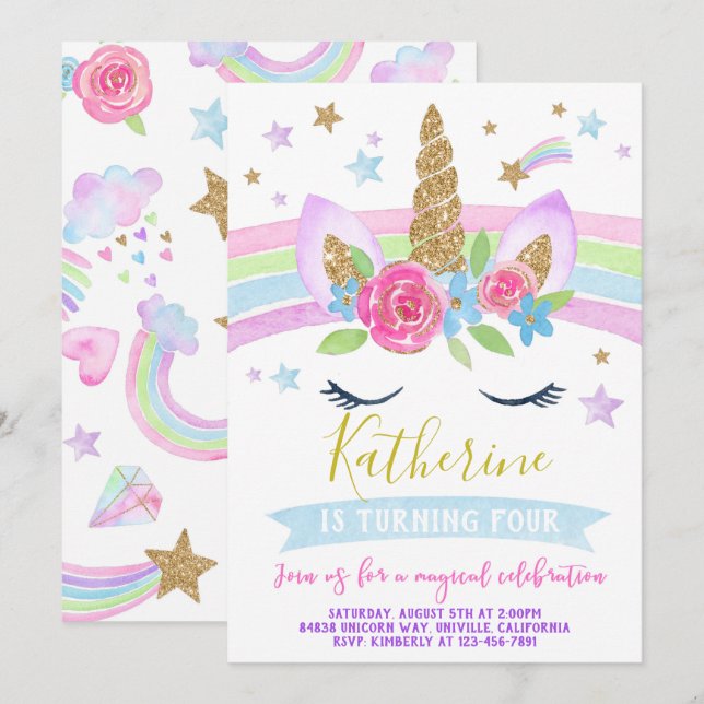 Unicorn invitation birthday party rainbow unicorn (Front/Back)