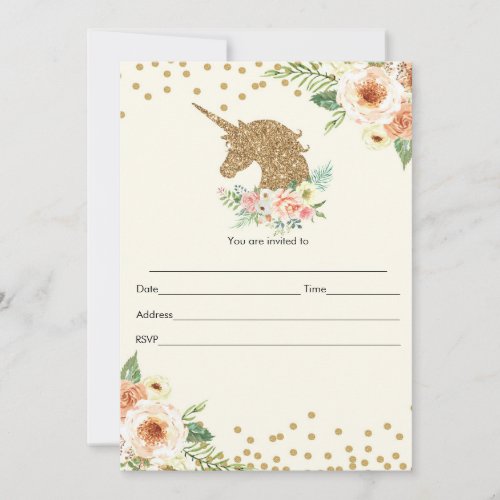 Unicorn Invitation Fill In Glitter Peach Gold