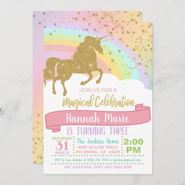 Unicorn Invitation - Over the Rainbow & Sparkles (Front/Back)