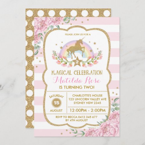 Unicorn Invitation Rainbow Pink Gold Floral Invite