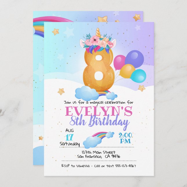 Unicorn invitation, Unicorn 8th Birthday Invitation (Front/Back)