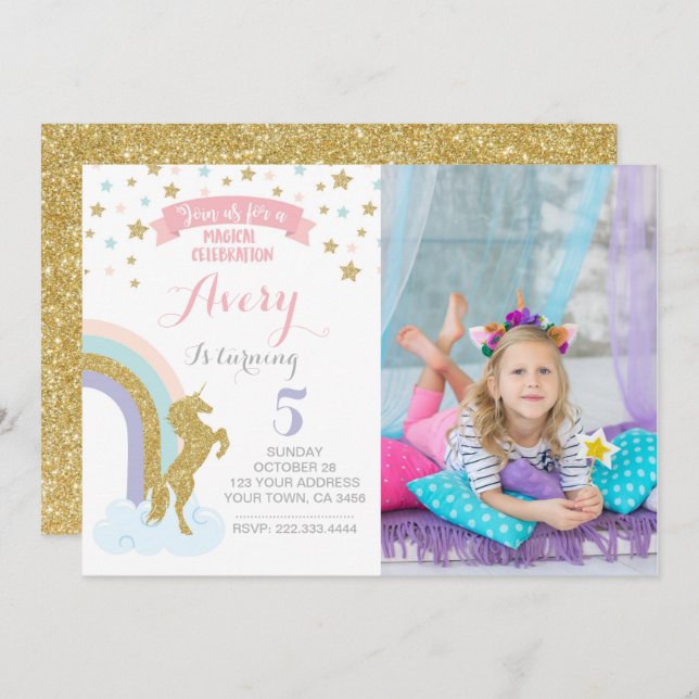 Unicorn Invitation with picture (Front/Back)
