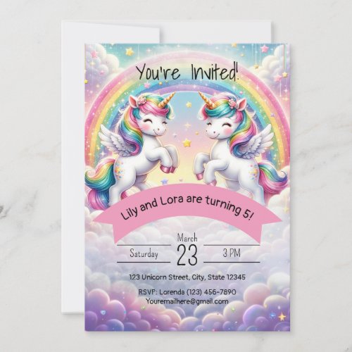 Unicorn Invitaton for Twin girls Invitation
