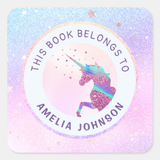 Unicorn Iridescent Pink Blue This Book Belongs To Square Sticker