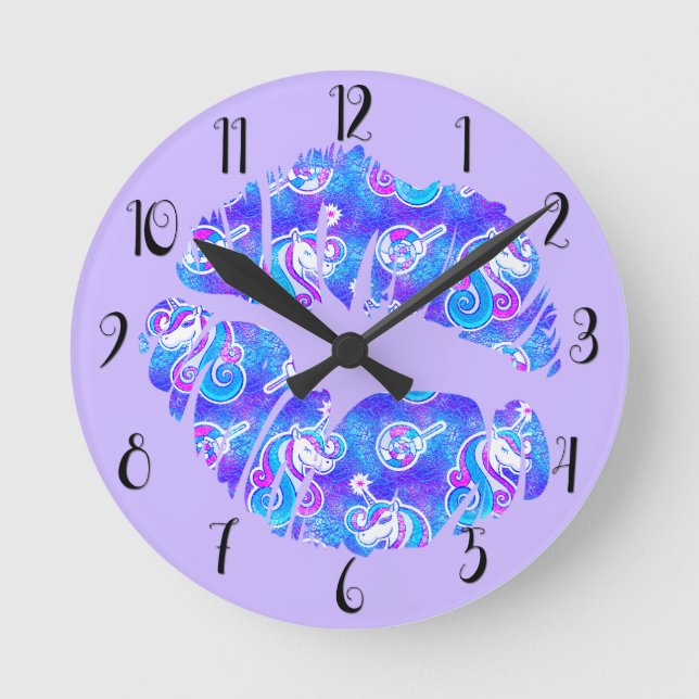 UNICORN Iridescent Purple Foil Metallic KISS LIPS Round Clock (Front)