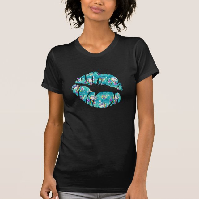 UNICORN Iridescent Teal Foil Metallic KISS LIPS T-Shirt (Front)