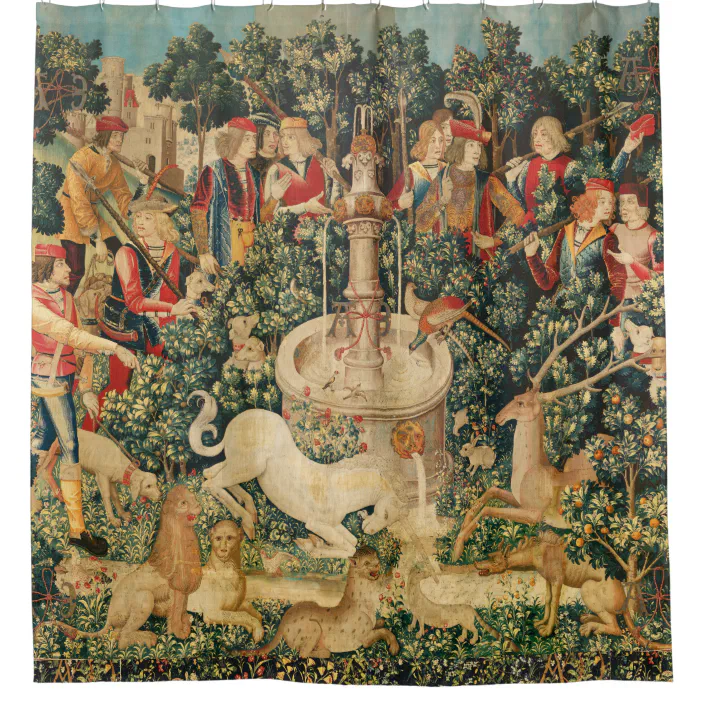 Unicorn Is Found Fountain And Other Animals Shower Curtain Zazzle Com Animals Shower Curtain Zazzle, Medieval Tapestry Shower Curtain