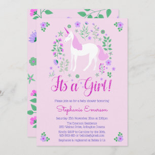 Unicorn Its A Girl Pink Baby Shower Invitation