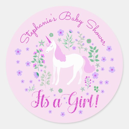 Unicorn Its A Girl Pink Baby Shower Personalized Classic Round Sticker