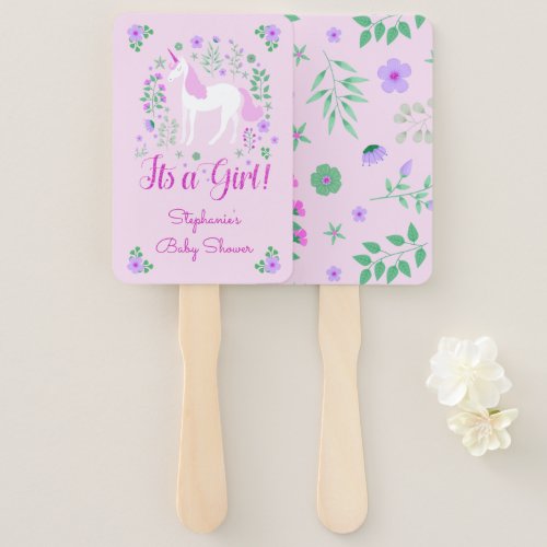 Unicorn Its A Girl Pink Baby Shower Personalized Hand Fan