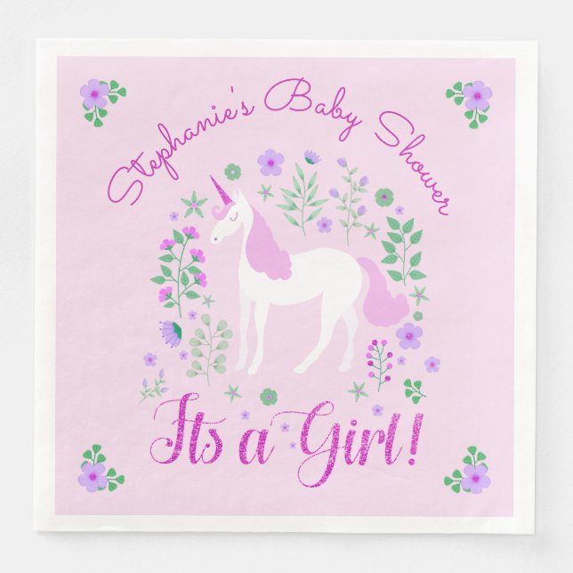 Unicorn Its A Girl Pink Baby Shower Personalized Paper Dinner Napkins (Front)