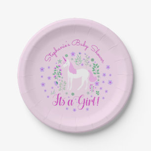 Unicorn Its A Girl Pink Baby Shower Personalized Paper Plates