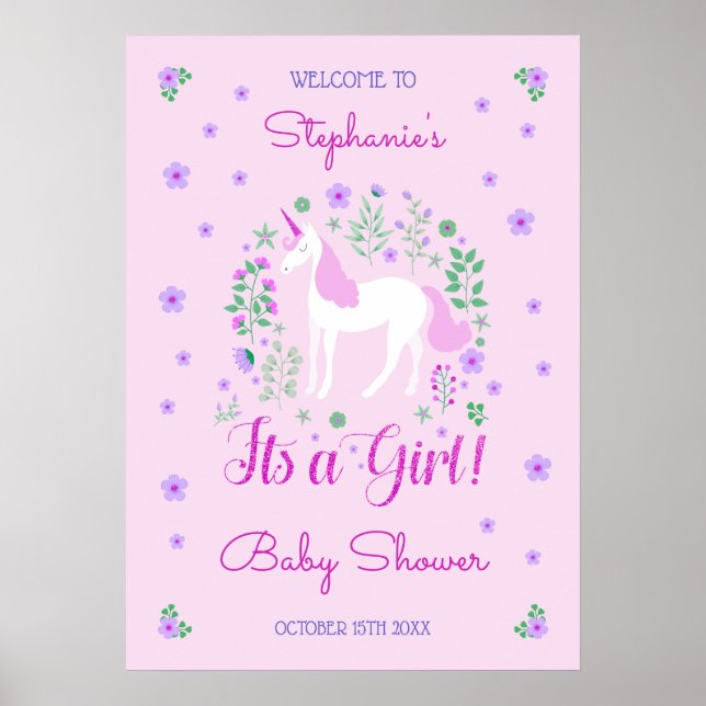 Unicorn Its A Girl Pink Baby Shower Personalized Poster (Front)