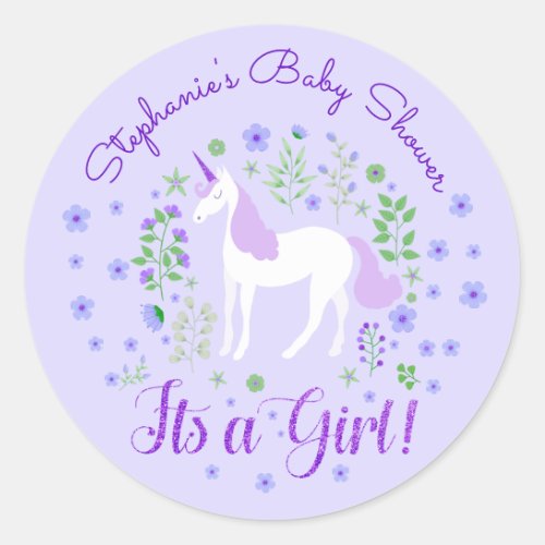 Unicorn Its A Girl Purple Baby Shower Personalized Classic Round Sticker