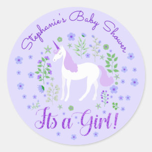 Unicorn Its A Girl Purple Baby Shower Personalized Classic Round Sticker