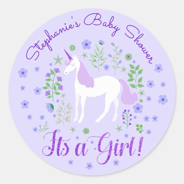 Unicorn Its A Girl Purple Baby Shower Personalized Classic Round Sticker (Front)